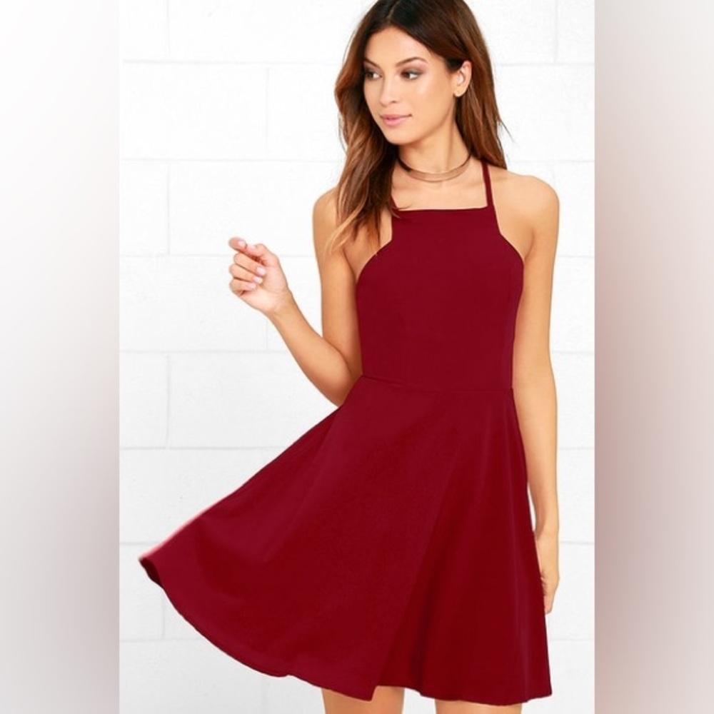 Lulus Call to Charms Wine Red Skater Dress Size S NWT